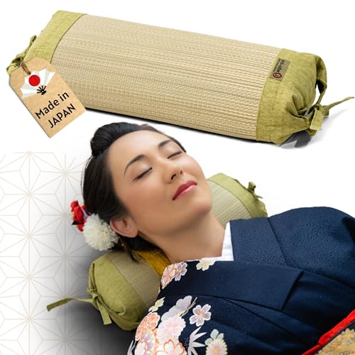Japanese Neck Roll Pillow for Relaxation, Original Bolster Cylinder Pillow Made with Japanese Igusa Rush, Infused with HIBA Essence, Hard Cervical Pillow for Neck Stretch and Meditation, Made in Japan