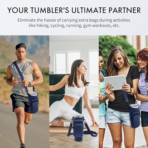 Image of Water Bottle Carrier Bag with Phone Pocket for Stanley Cup 40 /30 oz, Water Bottle Holder with Adjustable Strap& Straw Cover, Stanley Cup Accessories (Prussian Blue)