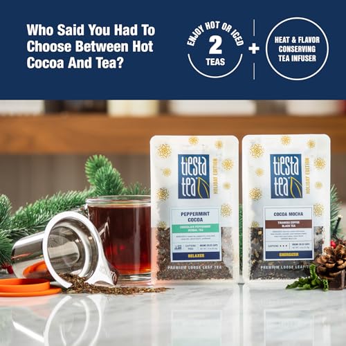 Image of Tiesta Tea - Hot Cocoa Loose Leaf Tea Gift Set, High to Non-Caffeinated, Stainless Steel Brew Basket & 2 Resealable Pouches, Cocoa Mocha & Peppermint Holiday Blends