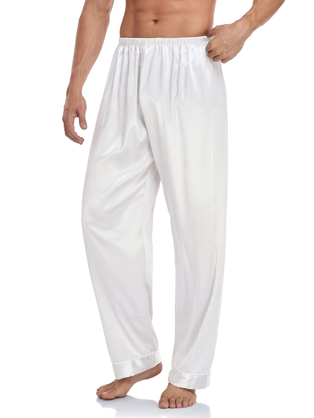 Wantschun Mens Satin Silk Sleepwear Pyjamas Pants Nightwear Loungewear Pajamas Bottom Trousers White UK L