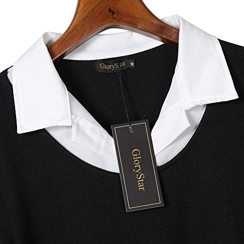 GloryStar Women's Long Sleeve Contrast Collared Shirts Patchwork Work Blouse Tunics Tops (XL, Long Sleeve Black)
