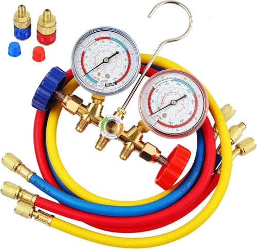 R134A Manifold Gauge Set,3 Way AC Diagnostic Manifold Gauge Set for R134a R12 R22 R404a Refrigerant,Automotive AC Gauge Set with 3Ft Charging Hoses and R134a Quick Coupler