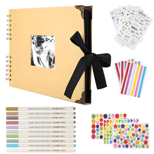 Image of HASTHIP DIY Photo Memory Scrapbook Kit with Spiral Album, Cover Window, Stickers & Metallic Pens for Personalized Travel, Wedding, and Celebration Keepsakes