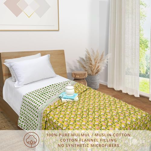 Image of TOAIArt Premium Jaipuri Dohar | AC Blanket Summer Quilt | Hand Block Printed | 3 Layers | Reversible | 150GSM 100% Mulmul Cotton | 100% Cotton Flannel Filling | Single 60 inch X 90 inch |Pink Floral Pond
