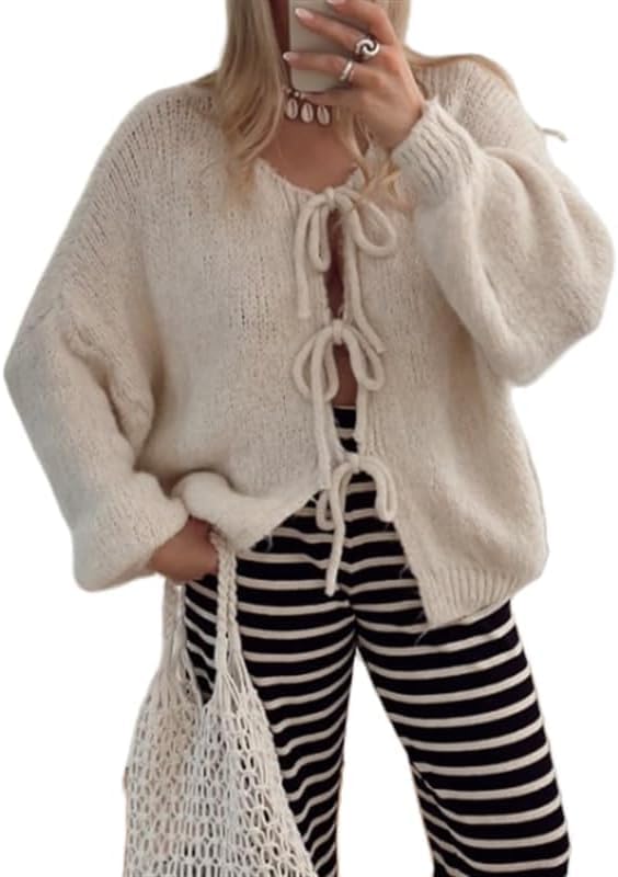 Image of Women Knitted Tie Front Cardigan Tops Casual Knitwear Top Long Sleeve Open Front Baggy Sweater Y2k Girls Outwear (Beige, M)