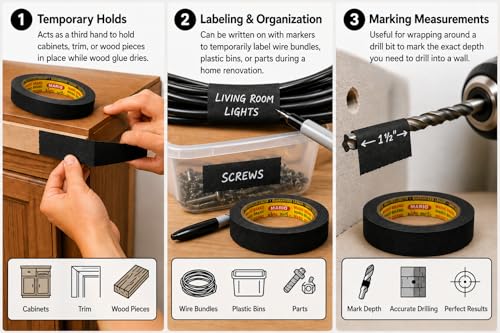 Image of Mario Black Masking Tape - 20 Meter Length, 12mm Width - High Grip Adhesive Tape for Painting, DIY, Furniture & Craft - Easy Tear, Clean Peel - Pack of 2 Rolls
