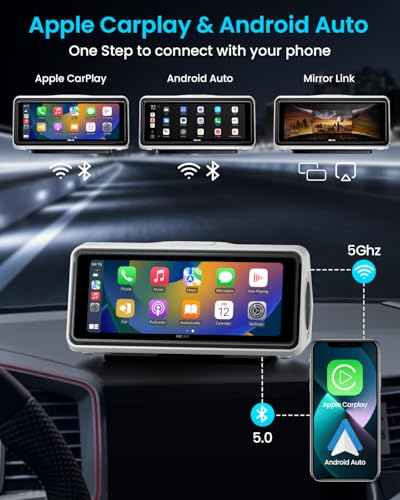 Image of Portable Apple Carplay Screen for Car, Touch Screen with Wireless Android Auto, Car Audio Receivers with Voice Control, Mirror Link, Music Play, GPS Navigation, Built-in Customized Speakers (White)