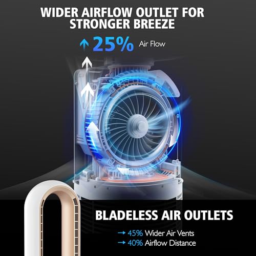Image of Bladeless Tower Fan for Bedroom, Powerful 26ft /s Airflow, 24 Speeds, 90 Oscillation, 12H Timer, Standing Fans with Remote, Quiet Bladeless Cooling Fan for Home Office Room, White Gold