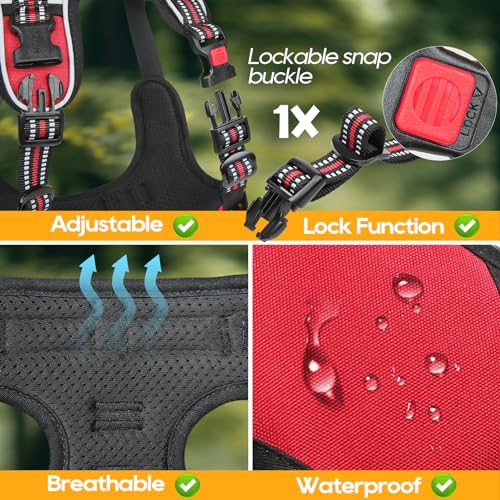 HEELE Hundegeschirr, Brustgeschirre für Hunde, Laufgeschirre Hund mit abschließbarem Schnappverschluss, einstellbare reflektierende Hundegeschirre, Offen am Hals, Anti Zug Dog Harness, Rot, L