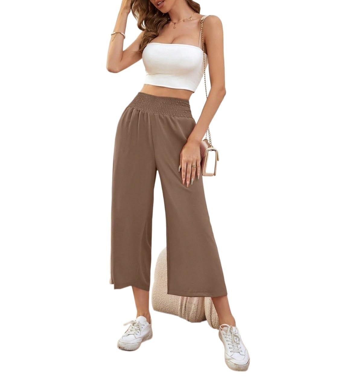 Women Casual Solid Cropped Wide Leg Pants Work Pants