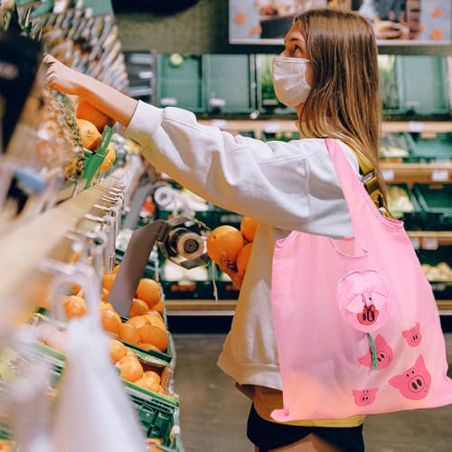 ZenyTra Lot de 4 sacs à provisions pliables - Design animal - Sac de transport réutilisable avec cochon, chien, ours et abeille pour la nourriture, le shopping, les voyages et le rangement – vue 3