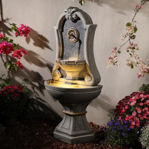Image of Bumilgar 49.8 inch Outdoor European Resin Wall Fountain with LED Lights, Sunflower Spout & Gold Trim Fountain Freestanding, Cascading Light Gray Scroll Arch Waterfall Feature for Patio