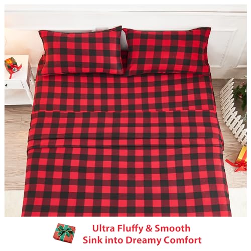 Image of Softan Fleece Queen Sheets Set 4-Piece Fuzzy Bed Sets with 15 inch Deep Pocket Fitted Sheet, Flat Sheet and Pillowcase,Red Buffalo Plaid