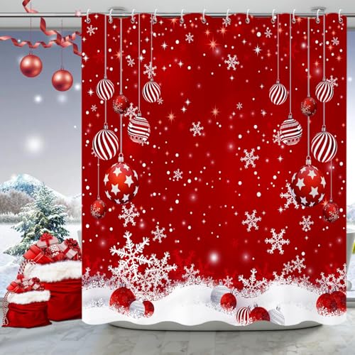 Caheansi Christmas Shower Curtain, Red Merry Xmas Glitter Sparkle Bokeh Snowflake Winter New Year Holiday Bathroom Curtain Waterproof Fabric Machine Washable with Hooks, 72" Wx72 L by Caheansi - Image 2