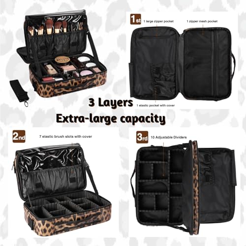 GERYUAEG Makeup Case Large Travel Makeup Bag 3 Layers Cosmetic Train Case Cosmetic Organizer Brush Holder Waterproof Makeup Storage Bag with Adjustable Dividers and Shoulder Strap (Leopard)