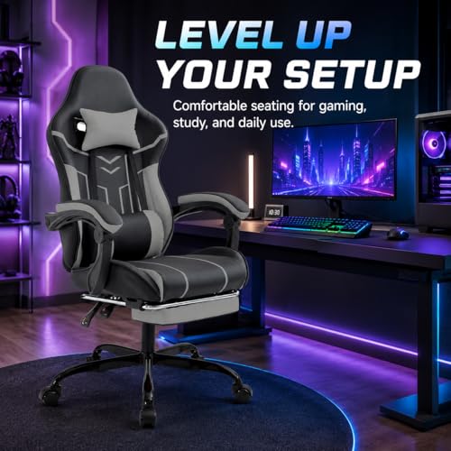 Image of Gaming Desk Chair for Adults, Ergonomic Gaming Chair with Footrest & Headrest and Lumbar Support, Leather Material Height Adjustable Computer Video Game Chairs (Black+Gray)