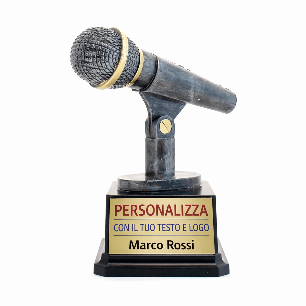 D&Vlab Trofeo Microfono 14 cm Argento con Targhetta Personalizzabile – Premio Canto Karaoke Speaker Presentatore Eventi Musicali