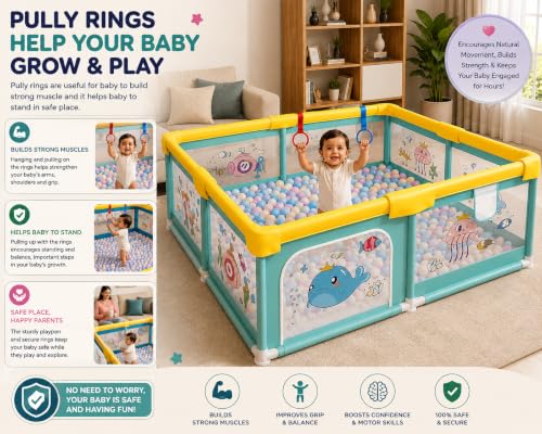 Image of MONSTECH Large Baby Playpen 150x180cm Pit Balls Playpen for Baby up to 5 Years with Anti-Fall Rings, Safety Lock, Breathable Mesh, Kids Activity Center Play Pen (Large-Green)