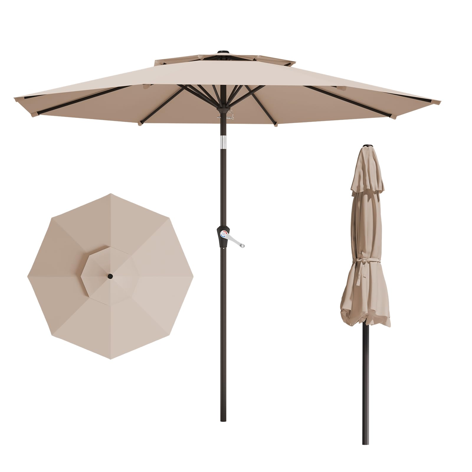 10FT 2-Tiers Outdoor Patio Umbrella, Outdoor Table Umbrella with Push Button Tilt and Crank, Vented Large Market Umbrella 8 Sturdy Ribs UV Protection for Pool, Deck, Backyard, Garden (Beige)