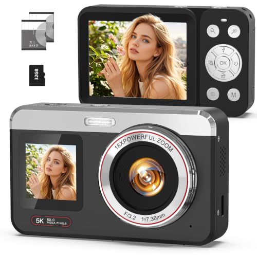 Image of Digital Camera, 5K 80MP Dual Screen, Auto Focus for Beginners Teens | Point and Shoot Camera with 18X Zoom, 32GB Card & 2 Batteries, Great Travel Vlogging Camera for YouTube, Black