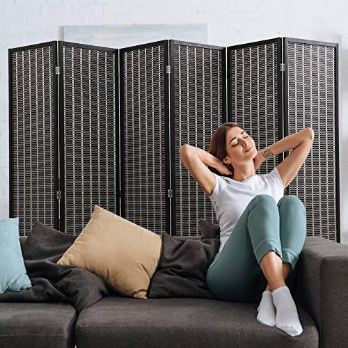 Image of Room Divider Privacy Screen Folding 6 Panel 72 Inches High Portable Room Seperating Divider, Handwork Bamboo Mesh Woven Design Room Divider Wall, Room Partitions and Dividers Freestanding, Black