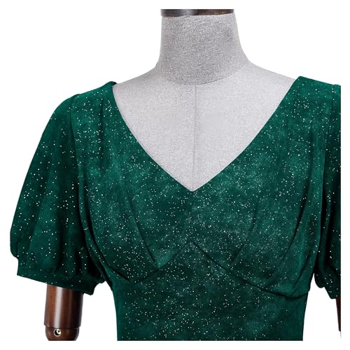Image of Miusol Women's Retro V-Neck Elegant Glitter Wrap Ruched Puff Sleeve Cocktail Party Dress