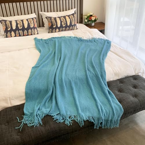 LOMAO Knitted Throw Blanket with Tassels Bubble Textured Lightweight Throws for Couch Cover Home Decor (Lake Blue, 50x60) - Thumbnail 6