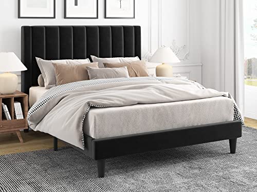 Imusee Queen Size Velvet Upholstered Tufted Platform Bed Frame With Headboard, Strong Wooden Slats, Box Spring Optional, Mattress Foundation, Easy Assembly, Black #TOP1
