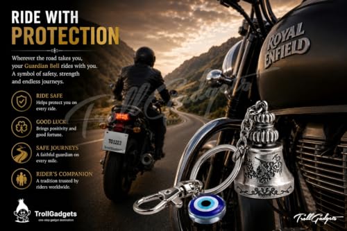 Image of TrollGadgets Premium Guardian Bell Keychain for Bike & Car | Tibetan Texture Bell Keychain with Evil Eye & Silver Hook | Good Luck Charm with Laser-Engraved Box And Potley