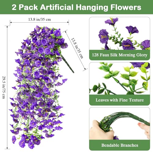 Image of Lewondr Artificial Fake Hanging Flowers Plants for Outdoor Summer Decoration, 2 PCS Faux Silk Purple Morning Glories, 29.5'' UV Resistant Realistic for Outside Planter Porch Patio Balcony Yard Decor