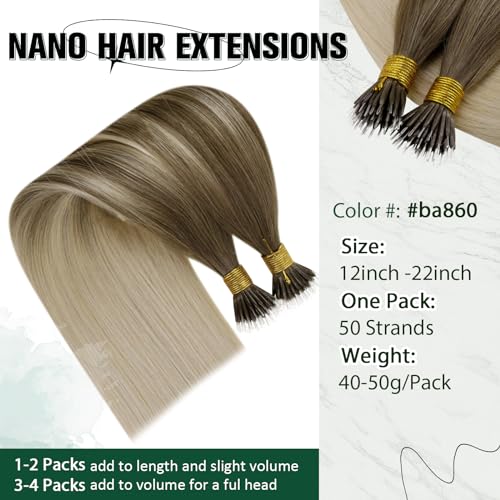 RUNATURE Nano Hair Extensions Real Human Hair Blonde Balayage Nano Beads Hair Extensions Blonde Ombre Invisible Ring Straight Remy Hair 12 Inch #BA8/60 - Image 3