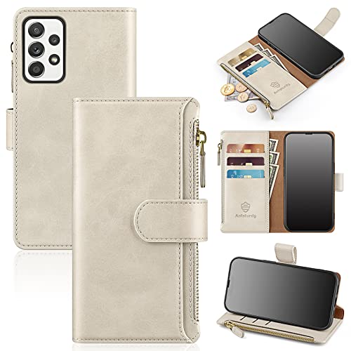 Antsturdy for Samsung Galaxy A23 5G Wallet Case [RFID Blocking] [Zipper Poket] PU Leather Flip Folio Protective Shockproof Cover with Slots Magnetic Credit Card Holder Kickstand Men Women (Beige)