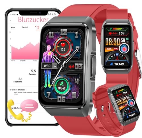 Fohatu Neu 𝐛𝐥𝐮𝐭𝐳𝐮𝐜𝐤𝐞𝐫 Smartwatch 𝐛𝐥𝐮𝐭𝐳𝐮𝐜𝐤𝐞𝐫𝐦𝐞𝐬𝐬𝐮𝐧𝐠 EKG 𝐃𝐢𝐚𝐛𝐞𝐭𝐞𝐬 Smartwatch Mit Bluetooth-Anrufe Fitness Tracker Mit Blutfette Harnsäure Blutdruck (Rot)