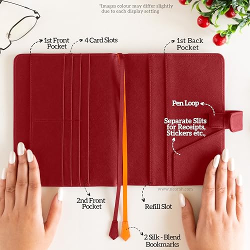 Image of NEORAH - B6 Notebook SLEEVE with SNAP Button + Dotgrid JOURNAL | Faux Leather Sleeve + Penloop | 2 Front 1 Back compartment | 6 Card Slots - RED