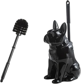 Shar Pei Hideaway Toilet Brush Holder - Concealed Brush Storage, Modern Black Ceramic Bathroom Organizer with Sturdy Brush & Foam Protection, Dog Lover Gift