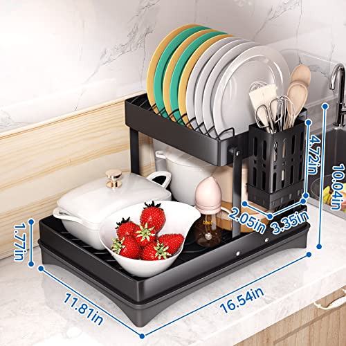 Pxrack Dish Drying Rack, Collapsible 2 Tier Stainless Steel Dish Rack And Drainboard Set For Kitchen Counter, Large Rustproof Dish Drainer With Removable Water Tray, Utensil Holder, Black #TOP5
