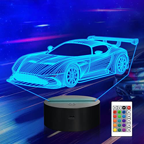 CooPark Auto 3D Night Light, Lampe Illusion De Voiture De Course De Sport Avec Télécommande 16 Changement De Couleurs, Cadeaux D'anniversaire De Noël De...