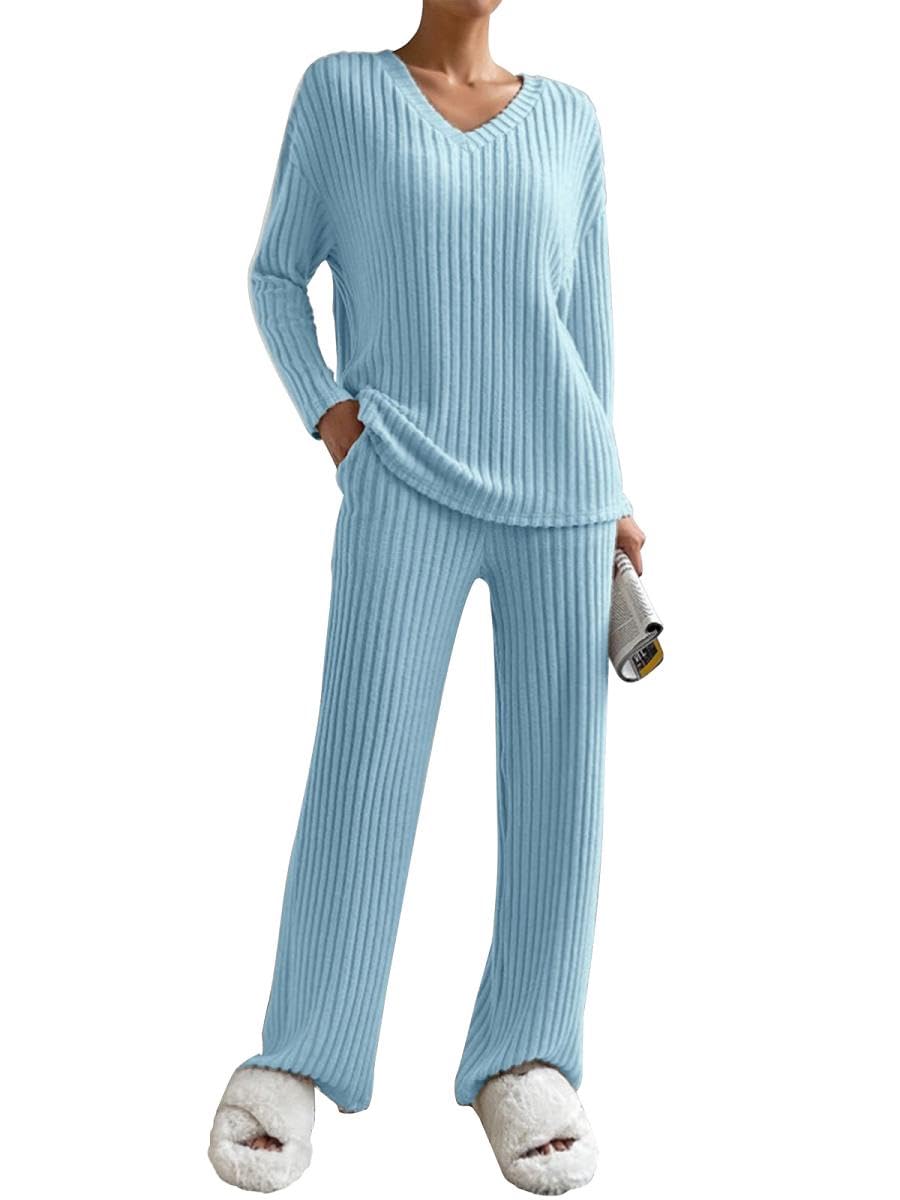 Joligiao Women's Thermal Pyjamas Set Unisex Round Neck Long Sleeve Top and Trousers with Pockets Pajamas Warm Fluffy Cozy Loungewear Sets for Men Women Sleepwear, Light Grey