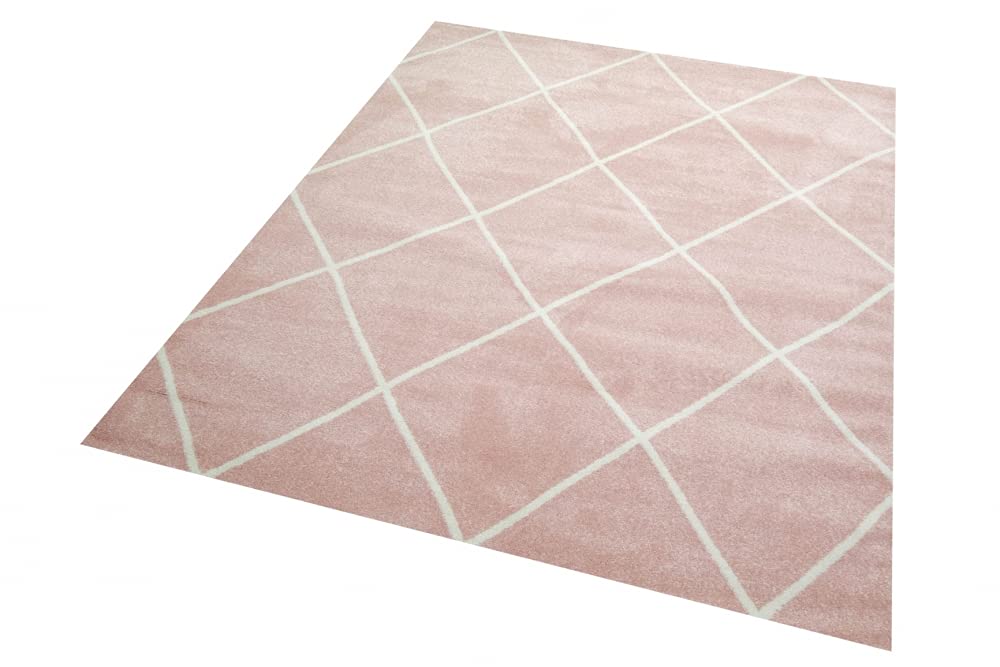 Teppich-Traum Tapis de Salon Design Scandinave Motif Diamant - Facile à Entretenir - Rose crème Blanc Größe 80 x 300 cm
