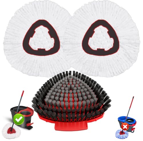 Fatmass Spin Mop Head Replacement for O Cedar EasyWring 1-Tank System 2 Mop Replace Heads + 1 Upgrade Scrubber Brush Microfiber Mop Refills Deep Cleaning Machine Washable