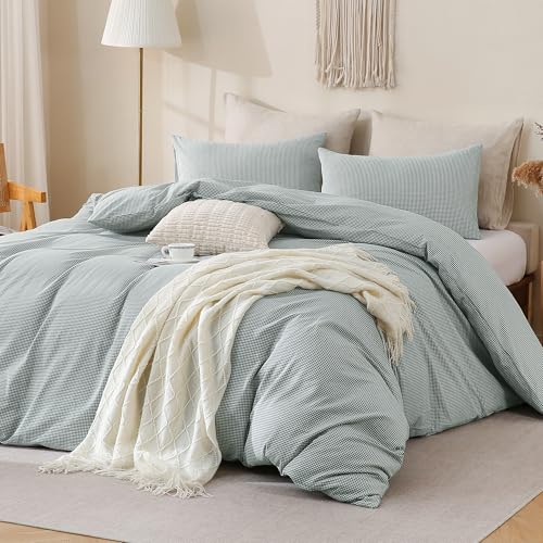 Image of TOCOMOA Mini Gingham Green Duvet Cover Bedding Set 100% Washed Cotton Like Linen Feel Super Soft Comfortable 3 Piece Small Plaid Checkered Comforter Cover Set (Queen 90 inchx90 inch, Comforter Not Included)