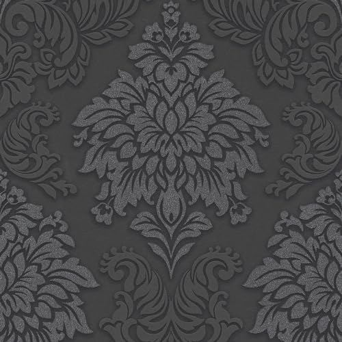 Profhome Papier peint ornements 368984-GU papier peint intissé (TNT) noir gris argent 0,53 m x 10,05 m / 5,33 m2