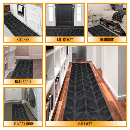 Image of Kuber Industries 2x6 Ft - Bed Side Runner For Bedroom & Living Room | Anti-Skid Carpet For Hall | Kitchen Foldable Runner for Floor, Home & Office | Leaf Design - Grey