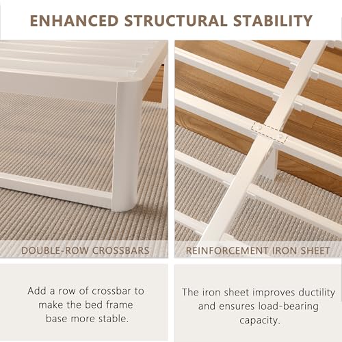 Image of ZTH Full Size Metal Platform Bed Frame 12 in, No Box Spring Needed, White | Heavy duty support, Underbed storage, Noise-free design, Anti-slip clips, Rounded legs, Easy assembly, Headboard compatible