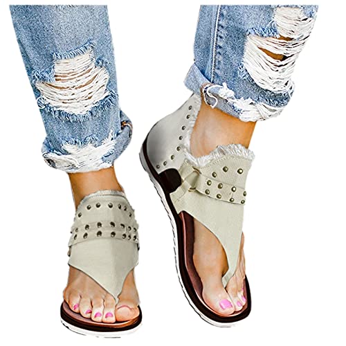 Aniywn Women s Gladiator Sandals Casual Comfy Vintage Summer Flip Flop Flats Sandals Clip Toe Sandal with Zipper Beige