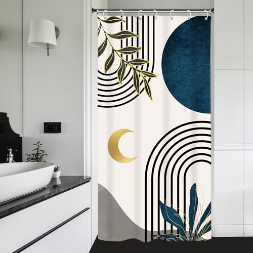 Image of Riyidecor Small Stall Navy Blue Abstract Shower Curtain Rv Boho Mid Century Minimalist Leaves Modern Geometric Gold Moon Arch 36Wx72H Inch Men Fabric Decor Bathroom Polyester Waterproof Hooks