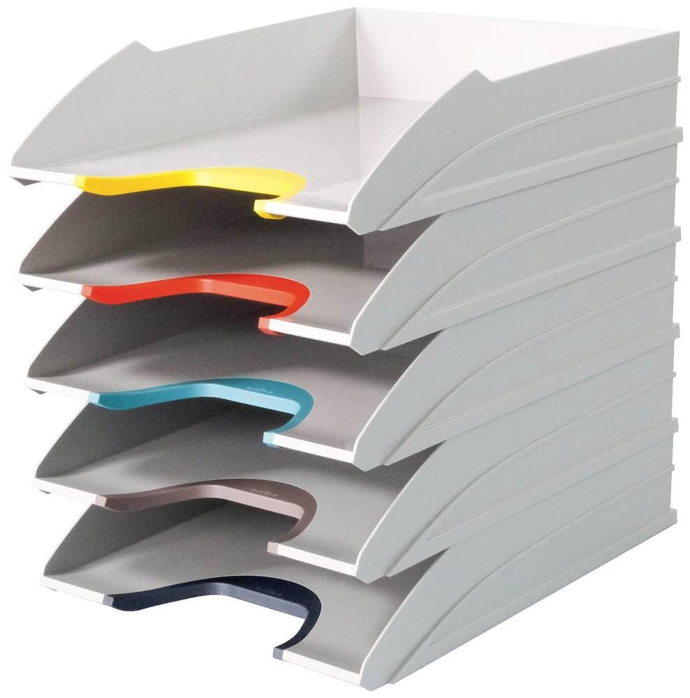Durable VARICOLOR Mix Letter Trays A4 - Set of 5 Stackable Letter Trays - with Coloured Gripping Areas for Easy Organisation
