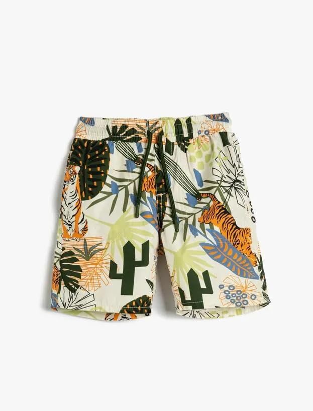 Pantalones cortos niños de algodón Koton con cordón y estampado floral de tigre en color crudo