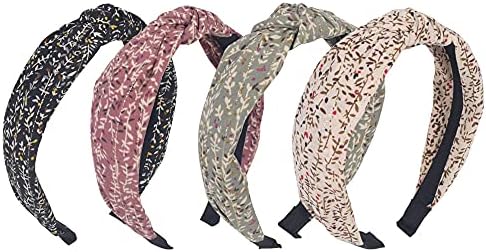 4Pcs Headbands for Women,Floral Pattern Knotted Wide Headbands Cross Knot Hair Bands Vintage Hairband Turban Hoops Twist Headbands Accessories,Style 1