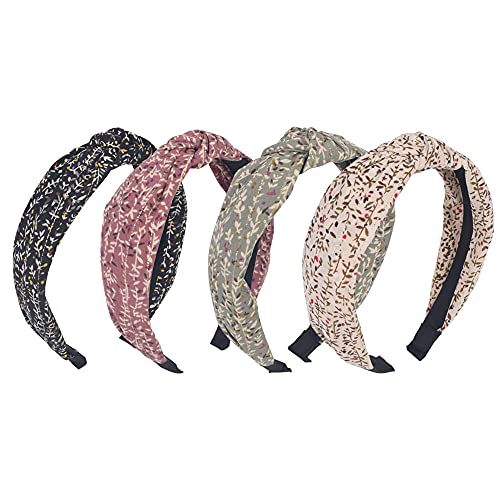 4Pcs Headbands For Women,Floral Pattern Knotted Wide Headbands Cross Knot Hair Bands Vintage Hairband Turban Hoops Twist Headbands Accessories,Style 1 #TOP14